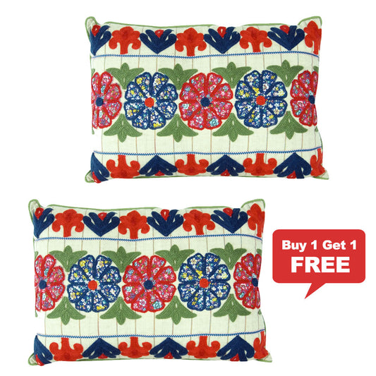 Rectangle Cotton Pillow with Embroidered Flowers - Buy 1 FREE 1