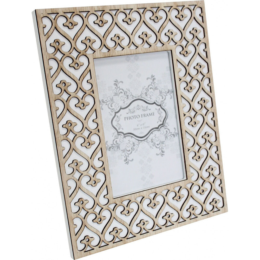 MDF Wooden 4" x 6" Photo Frame Ornate Heart Natural with FREE Metal Bird Card Holder
