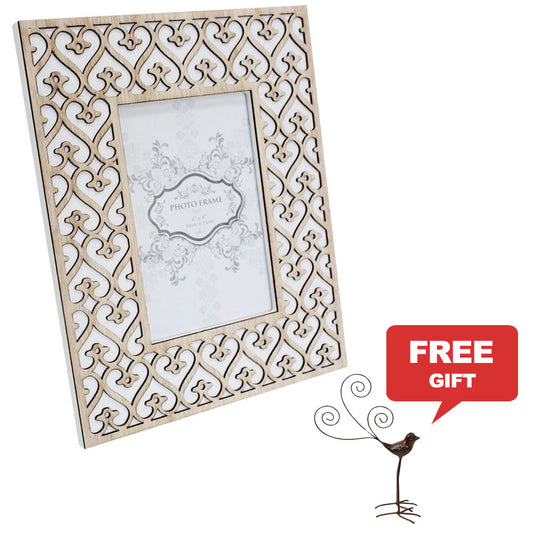 MDF Wooden 4" x 6" Photo Frame Ornate Heart Natural with FREE Metal Bird Card Holder