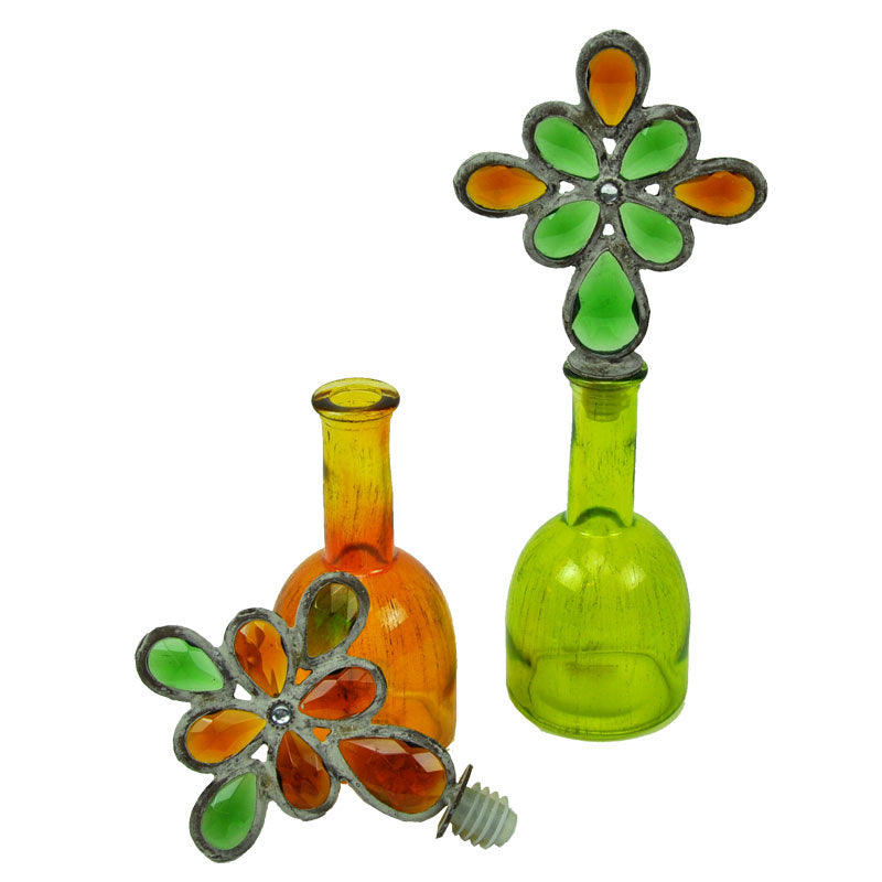 Orange and Green Glass Bottles with Crystal Stopper Set of 2