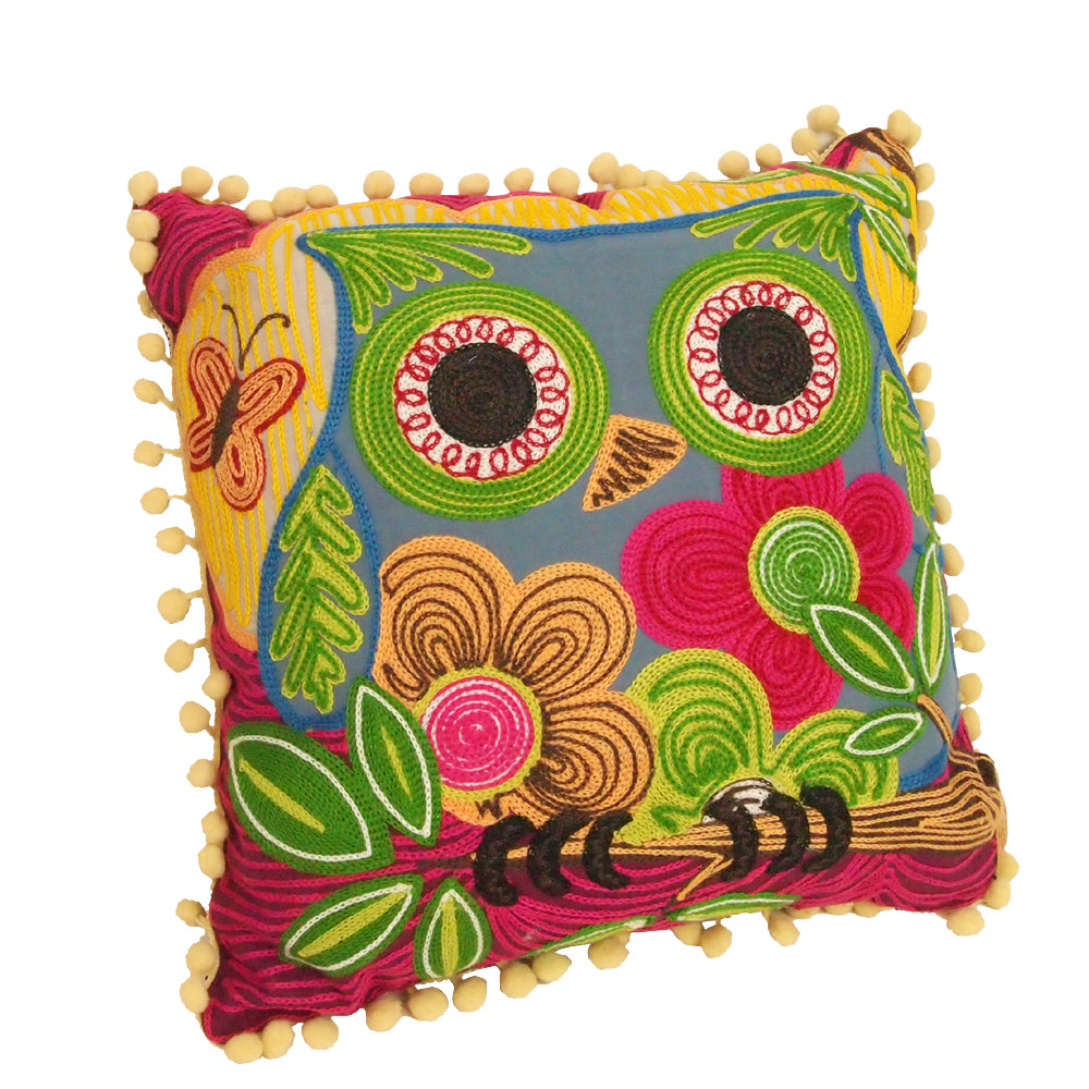 Square Cotton Appliqued Chain Embroidered Owl Cushion