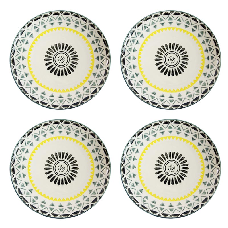 Stoneware Grey & Yellow Geometric Design Plates - Set of 4