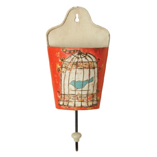 Metal Wall Hooks with Birdcage Image - Set of 2