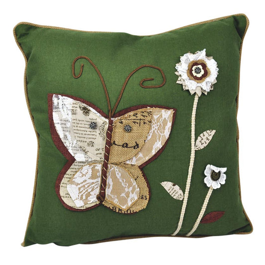 Linen & Polyester Embroidered Cushion - Green