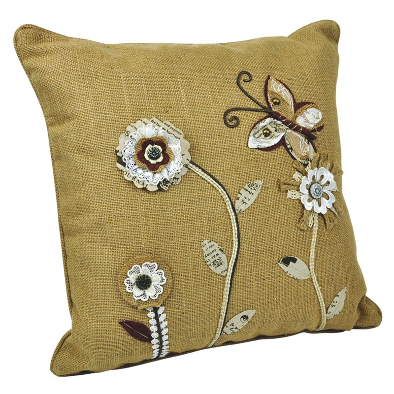Linen & Polyester Embroidered Cushion - Brown