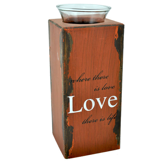 Plywood Tealight Holder with Glass Cup Distressed Large - Love