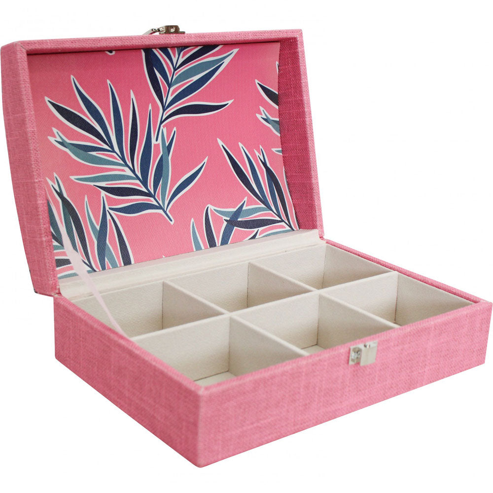 Linen & MDF Wooden Jewellery Storage Box Pink Ferns