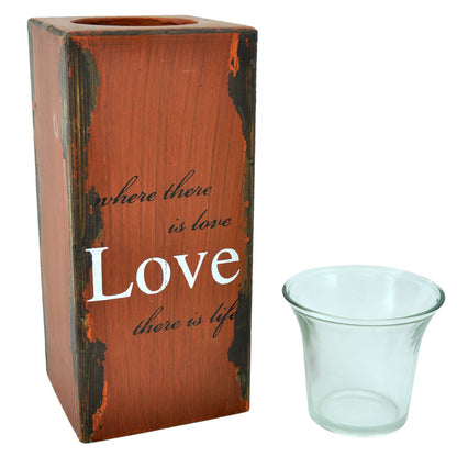 Plywood Tealight Holder with Glass Cup Distressed Large - Love